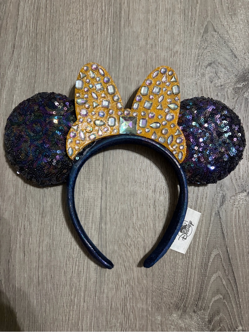 Disney Sequin Minnie Ears Headband with Jeweled Gold Bow